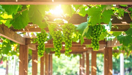 Sunlight filters through a wooden pergola, illuminating hanging bunches of green grapes and vibrant green leaves, creating a scenic and refreshing view.