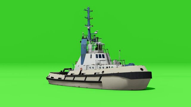 Tugboat on green background sailing, ideal for marine and transportation themes