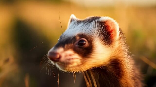 Close-up of a curious brown ferret with white markings peeking through tall dry grass in the golden afternoon light of an open field.