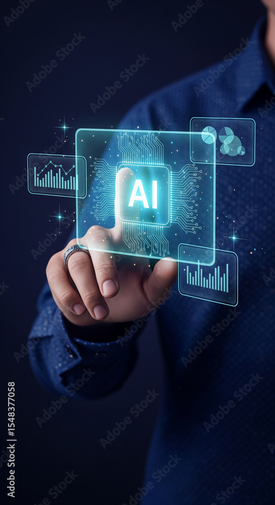 Poster hand interacts with a digital ai interface, showcasing graphs and data analysis, symbolizing technol
