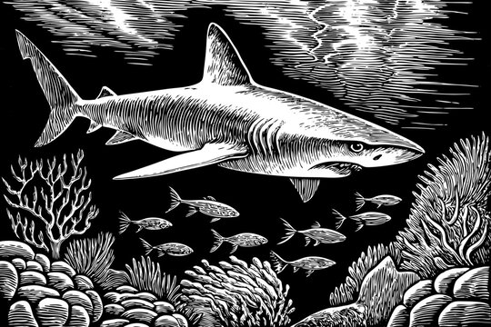 hammerhead shark cruising through deep waters under sea with corals black and white sketch vector