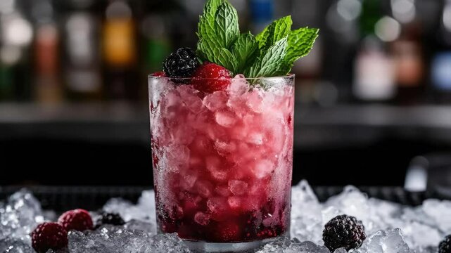 Ice-cold berry gin fizz with fresh blackberries and mint leaves, served in a tall glass on ice.