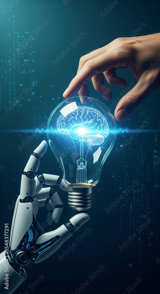 Aufkleber human and robotic hands hold lightbulb with brain inside, symbolizing ai, innovation, and technologi