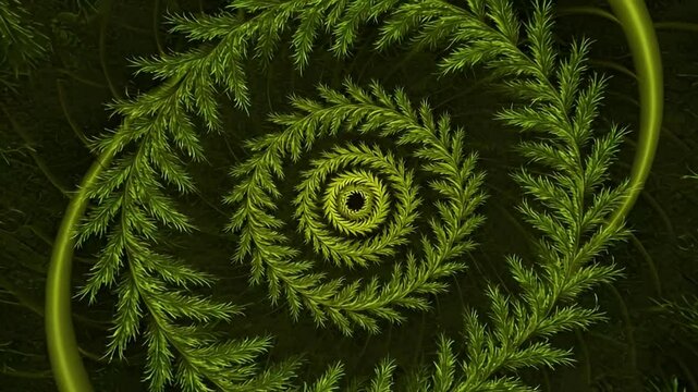 Abstract Fractal Animation with Green Plant Like Spiral Pattern on Dark Backdrop Creating a Mesmerizing and Organic Effect Optimized for Adobe Stock