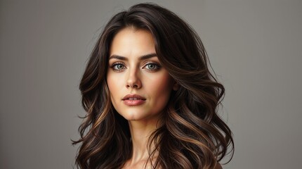 Naklejka premium Portrait of a woman with voluminous, wavy brunette hair and a subtle makeup look placed against a neutral background