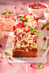 Tasty red currant yeast cake as fresh dessert.