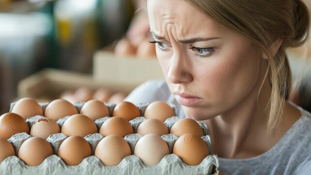 a woman holding pack of egg at grocery store, with worry or serious face expression because it too expensive to buy