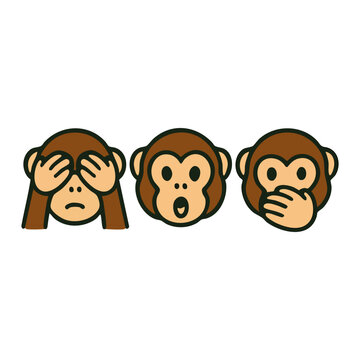 Three wise monkeys cartoon showing see no evil, hear no evil, speak no evil in a cute and expressive flat design style.

