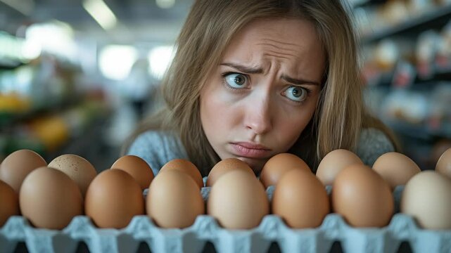 a woman holding pack of egg at grocery store, with worry or serious face expression because it too expensive to buy