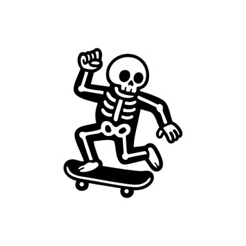 Cool cartoon skeleton riding a skateboard, black and white doodle style representing fun, edgy, Halloween, and alternative street culture.

