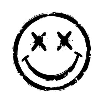 Grunge-style smiley face with crossed-out eyes, black brushstroke effect representing edgy, rebellious, ironic, or alternative emotions and expressions.

