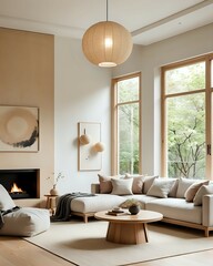 Modern living room with neutral tones, fireplace, and large windows.