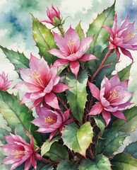 Watercolor illustration of cactus desert plant with pink flowers