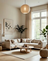 A bright and airy living room with neutral tones and modern furniture.