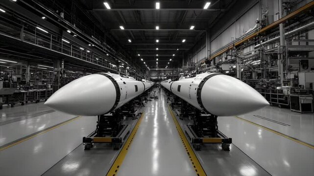 Manufacturing process of advanced missiles in high-tech factory. military