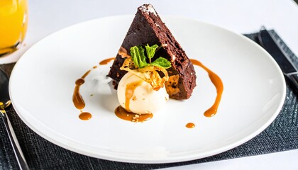 A delicious slice of chocolate cake is served with ice cream and caramel sauce on a white plate.