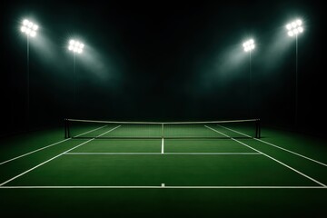 Fototapeta premium Professional tennis court illuminated by stadium spotlights during evening tournament match