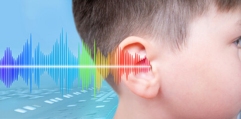 human ear closeup listening, sound wave, acoustics Auditory System, Hearing Test, Cochlear implant,...
