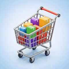 Shopping Cart Full of Colorful Boxes on Light Blue Background