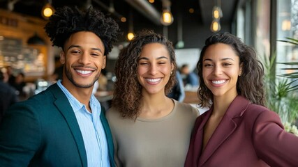 three friend in business attire women and man smiling at modern office  - Powered by Adobe