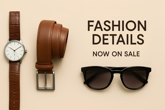 Accessories sale banner, watches, belts, sunglasses, beige background, text Fashion Details – Now on Sale
