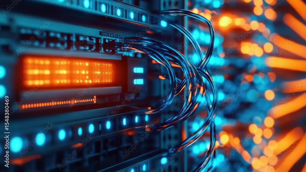 Poster inside a well-organized and efficient modern data center, showcasing the advanced technology used to