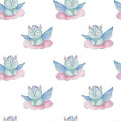 Watercolor seamless pattern with cute winged cat sleeping on cloud, soft white background, dreamy design for baby or kids decor