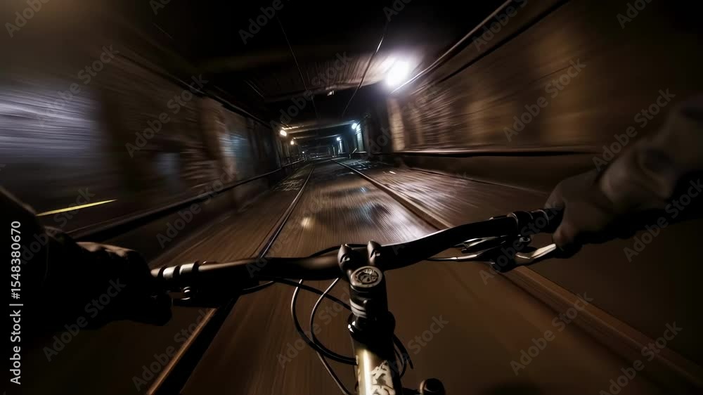 Aufkleber first person view of a cyclist riding a bicycle through a dark tunnel at night, illuminated by artif