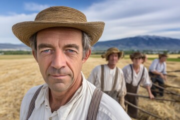Pioneer Mormon portrait: weathered face, sacred mission, humble garment, strong posture, mountain trail, enduring faith, western path, determined look, plain dress, devoted heart