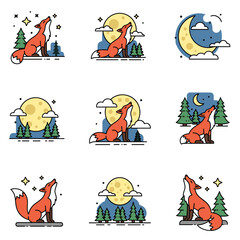 Fototapeta premium Enchanted Fox Night Sky, Moon, Stars, Forest Illustrations
