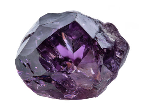 A stunning macro photograph of a faceted purple amethyst crystal specimen on a white background, showcasing its natural beauty and geometric structure.