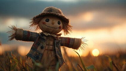 Scarecrow harvest sentinel: rustic frame, planted area, wind motion, quiet stance, farm setting, woven shirt, straw base, open row, countryside point, solitary watcher, crop edge, earth figure,