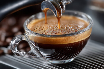 Freshly Brewed Espresso Pouring into Glass Cup – Close-Up Coffee Shot with Rich Crema – Barista Morning Routine