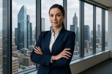 Fototapeta premium Confident female executive in tailored business suit standing in modern glass office overlooking city skyline