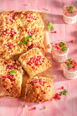 Tasty red currant yeast cake made of sugar and fruits.