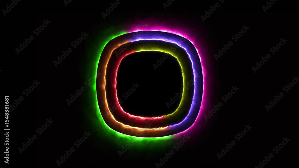 Poster bright colorful triple neon pulsating effects layer frame in rounded square on black background anim