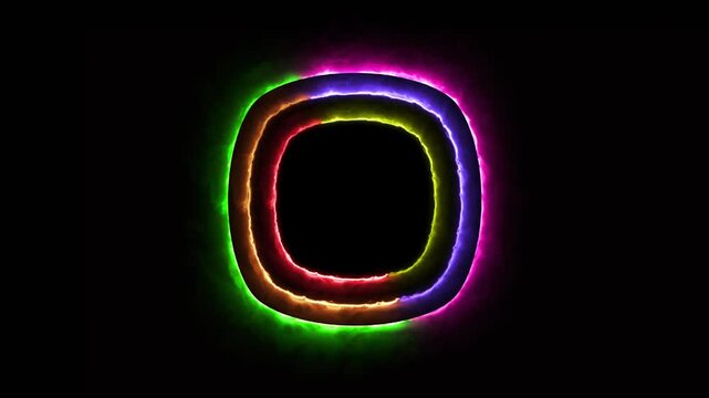 Bright colorful triple neon pulsating effects layer frame in rounded square on black background animation	