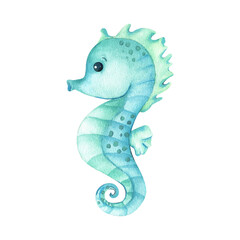 Fototapeta premium Seahorse watercolor children illustration isolated from background. Pastel turquoise blue green cute children's personage sea creature. Marine mollusk design for kids posters, stickers, textile