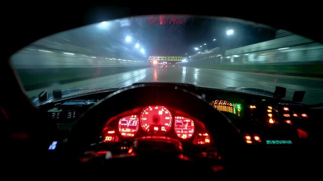 Illuminated dashboard and steering wheel provide a driver's perspective within a race car, speeding down a rain slicked track at night, illuminated by headlights and track lights
