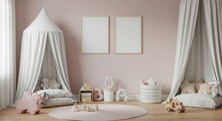 Baby room design: A pink child's room features teepee-style beds with a round rug and two blank picture frames.