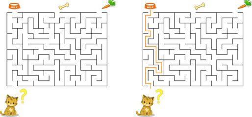 Chose right item and help cat pass through maze to find its food. Not hard riddle for kids and parents. Feed the hungry kitten labyrinth with solution isolated on white background.