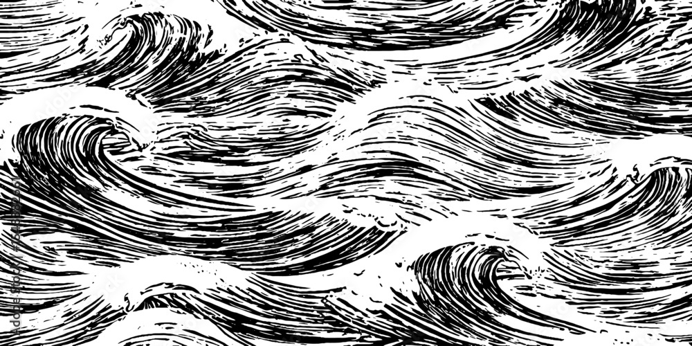 Poster seamless ocean wave curls pattern in black and white for design