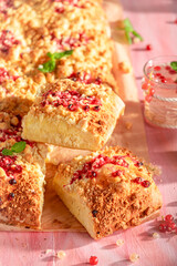 Hot red currant yeast cake as fresh dessert.