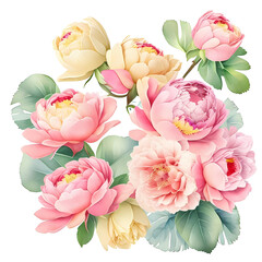 Pastel soft pink & yellow  roses watercolor illustration isolated background, 