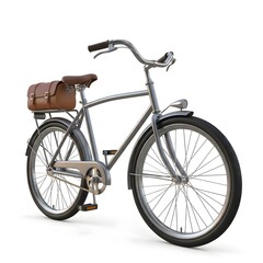 Classic Silver Bicycle with Brown Leather Bag on White