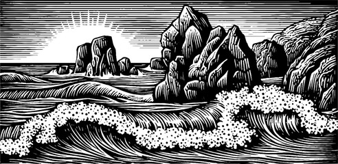 Naklejka premium Dramatic rocky coastline with crashing waves at sunrise in black and white