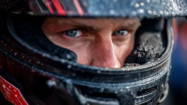 Close up view of a racer's intense blue eyes peering through a rain covered visor, conveying a sense of anticipation and unwavering focus before a race