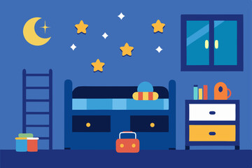 Obraz premium Flat cartoon vector illustration of a bedroom with a window, complete with furniture, for a cozy home interior design