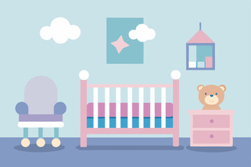 Cartoon baby girl in pink crib in a decorated nursery room