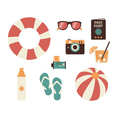 Hand drawn vector set of summer things and items. Collection of beach objects in simple flat style. Retro and vintage colors. Seasonal icons